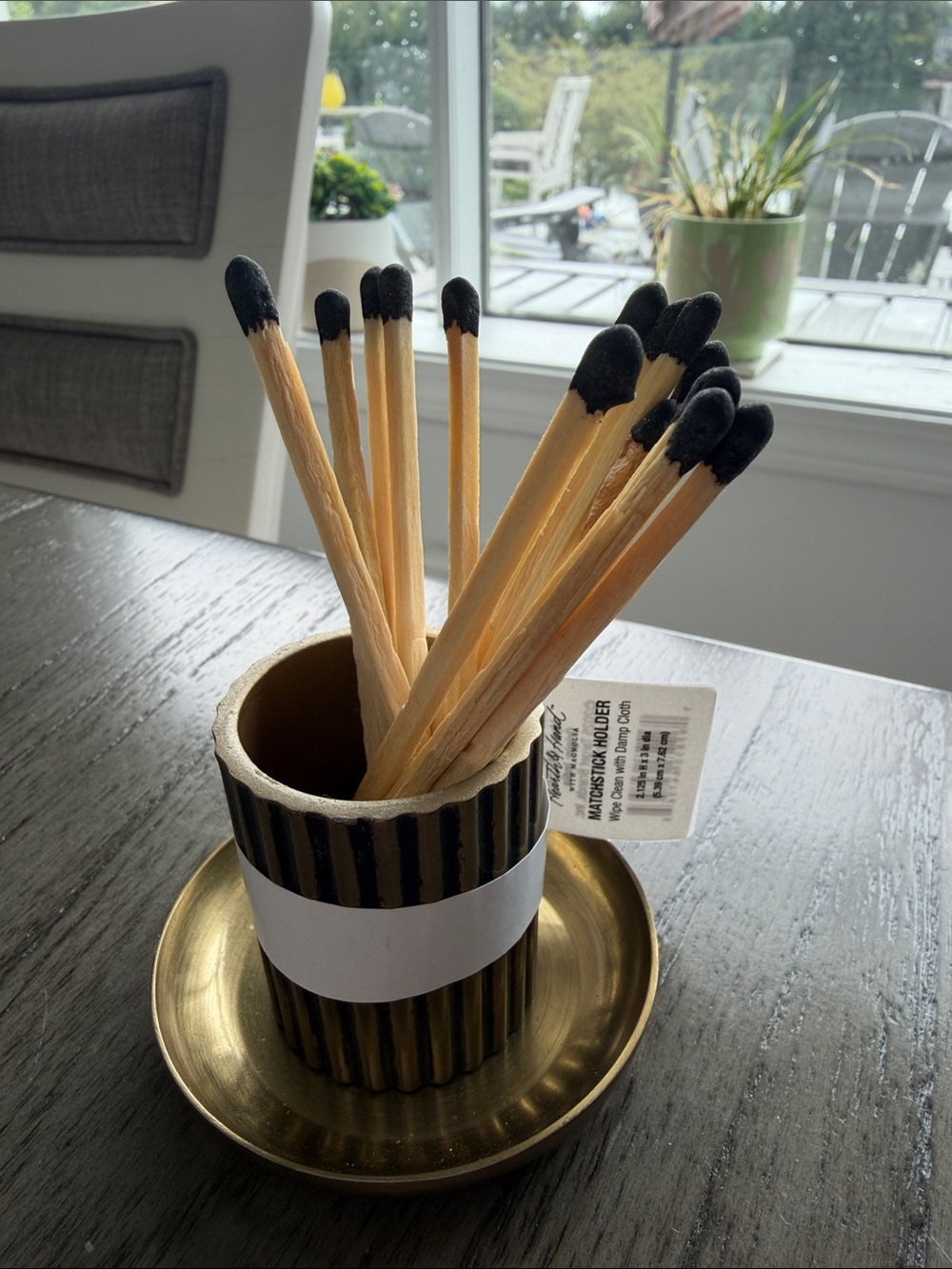 Hearth & Hand Brass-Tone Ribbed Matchstick Cup with Black-Tip Matches